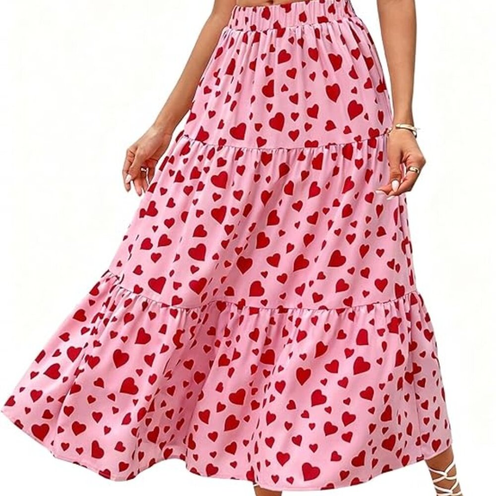 Valentine | Red & Pink Hearts Flowy Elastic High Waist Maxi-Skirt | Small
